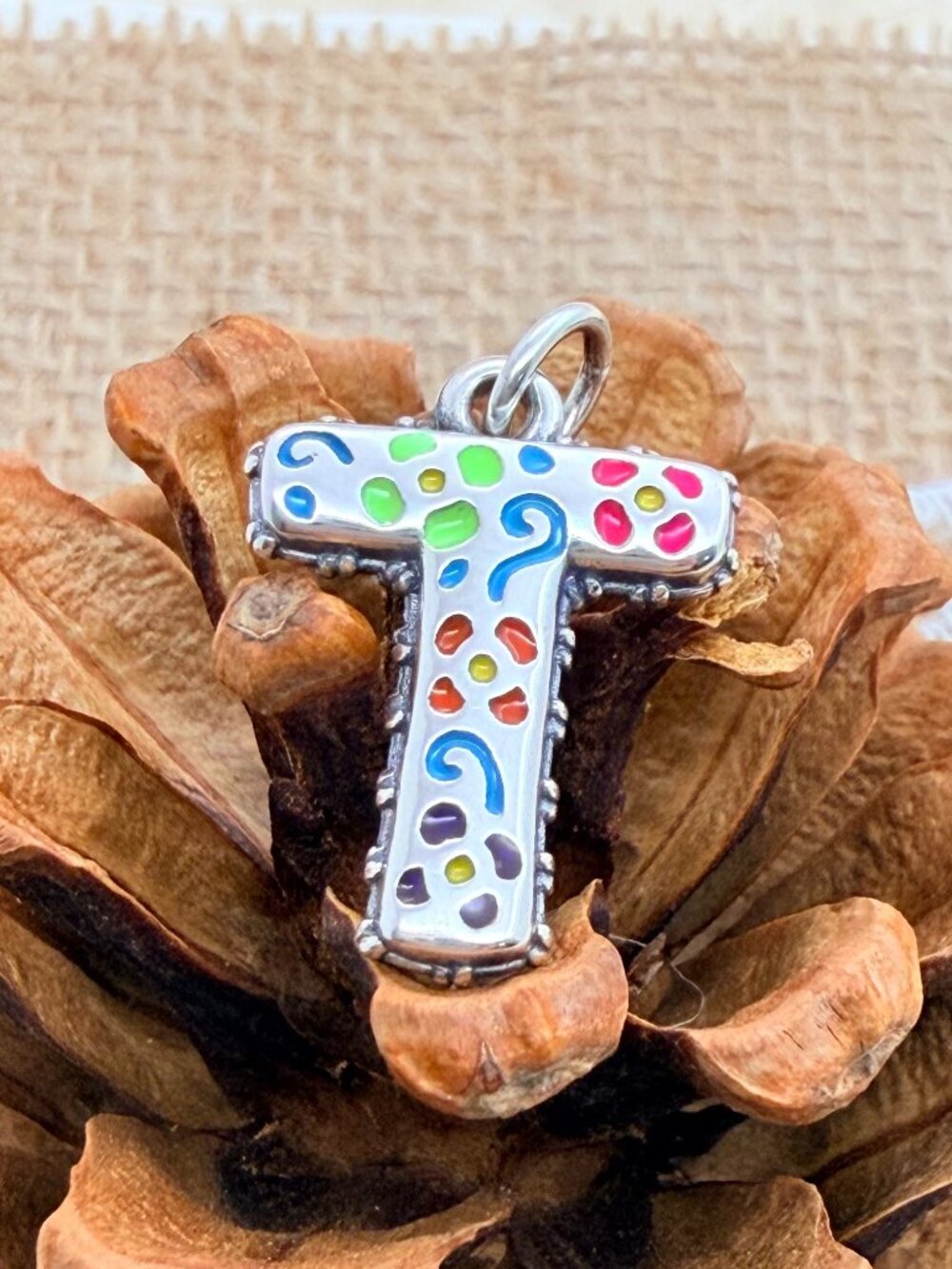 James Avery Enamel Consuela Floral Initial T Charm Sterling Silver